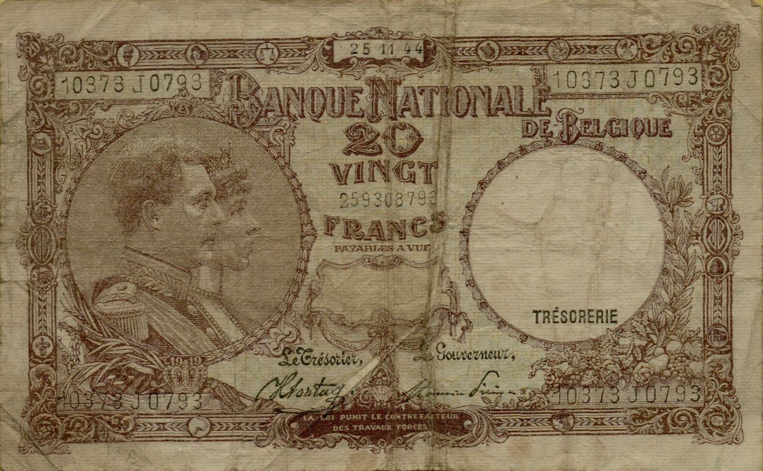 Belgium 20 1944 VF- P-111/4